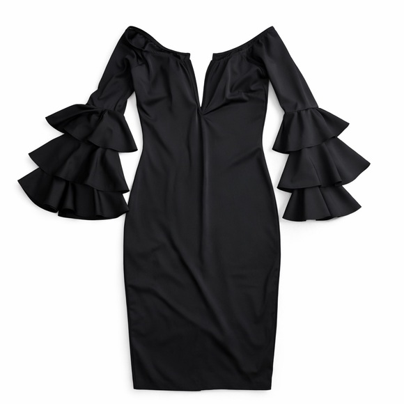 Symphony Black Off-Shoulder Midi Dress with Tiered Ruffle Sleeves - Picture 6 of 7